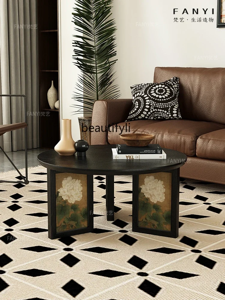 

Antique Style Living Room Solid Wood Coffee Table Designer Model round Small Tea Table Movable Balcony Small round Side Table