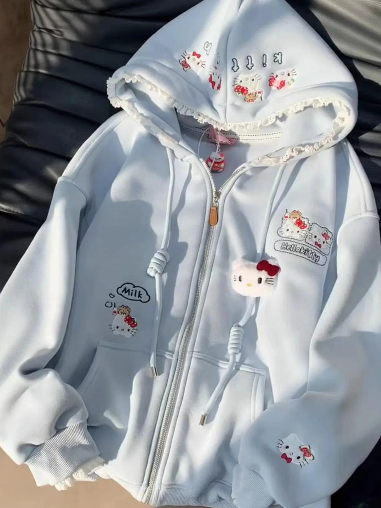 

Милый комплект: вышитая толстовка с капюшоном, женский свободный кардиган с кружевной отделкой, осенне-зимнее повседневное пальто