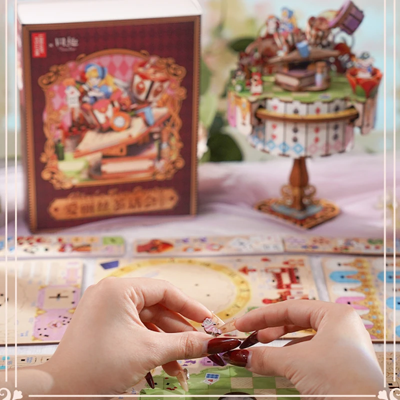 Alice Tea Party Music Box DIY Drewniane zestawy do budowania modeli puzzli 3D z obrotowym stołem Prezent księżniczki dla dziewczynek na urodziny