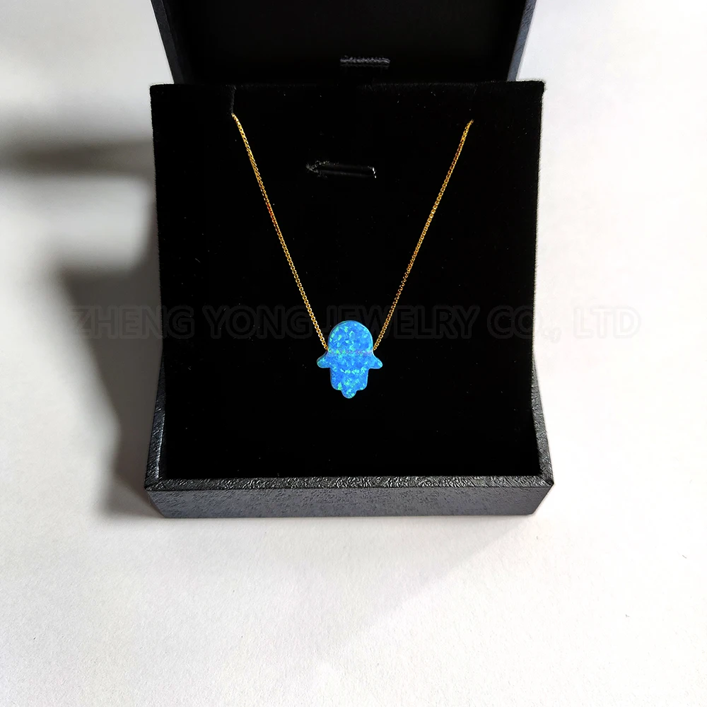 

Hamsa Hand Pendant Necklace Silver Box Chain Synthetic OP06 Blue Fire Opal Necklace