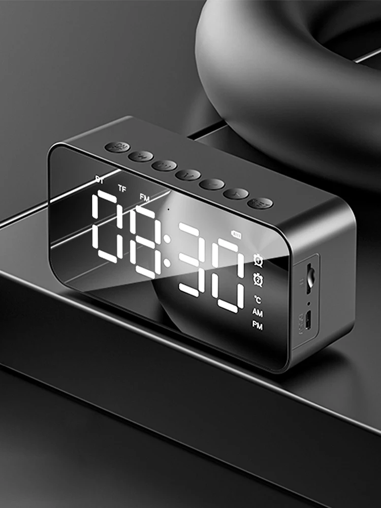 Desktop mini LED mirror digital clock, alarm clock bluetooth wireless audio cell phone speaker stereo sound effect,...