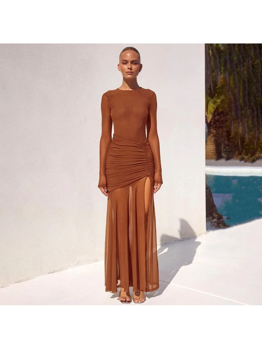 Élégance du nouveau produit printemps et automne 2026, pli rétractable, coupe serrée, Look maigre, Collection de taille, épissage en maille, Micro Tran