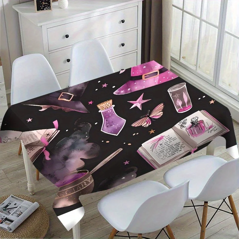 One Halloween tablecloth - witch hat, potion bottle and skull pattern on a black background with purple accentszyc