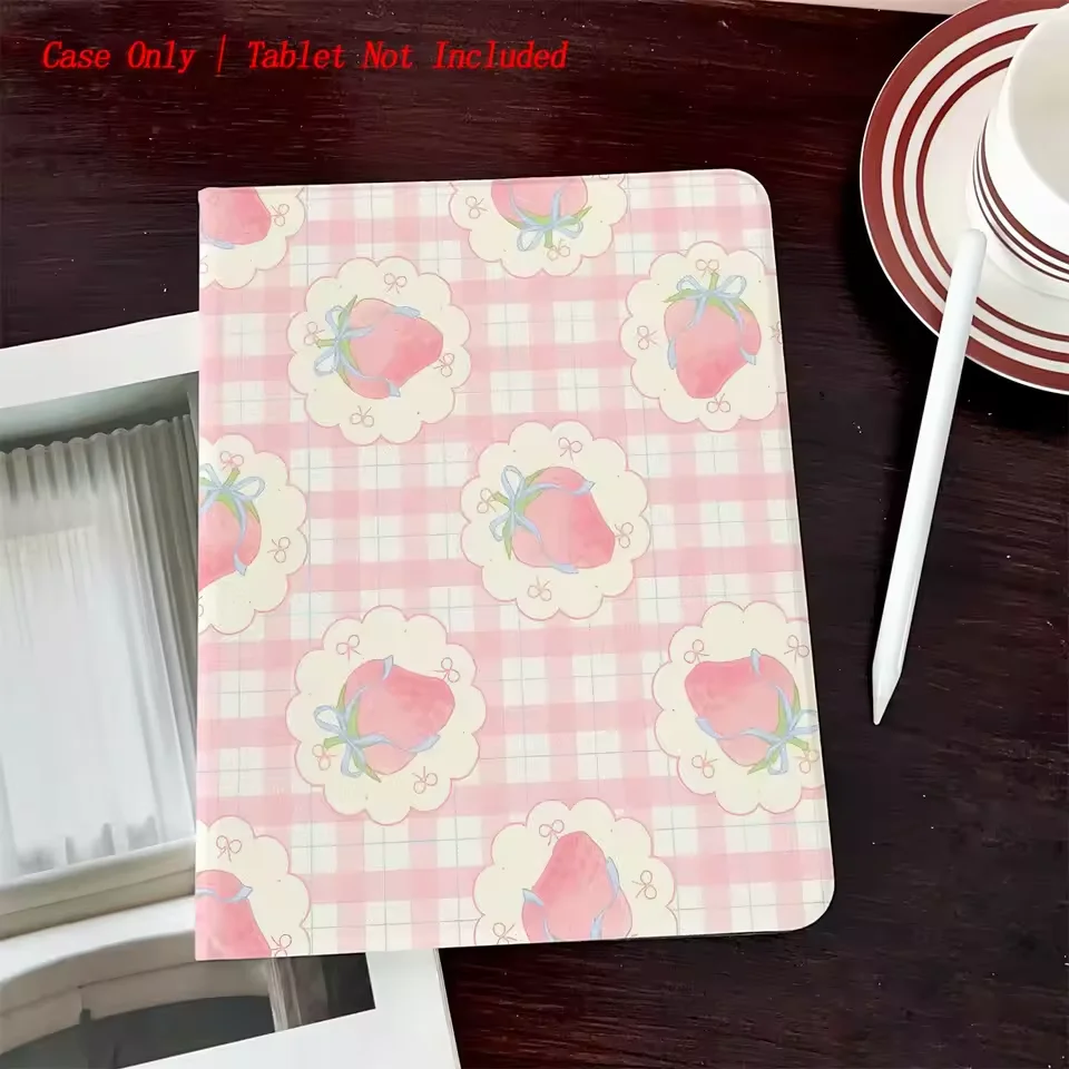 Cute Pink Checkered Cream Strawberry Bow For iPad Pro 13 11 M5 M4 M3 M2 Air 3 2 1 11th A16 12.9'' 10 9 8 5 Th Mini 7 6 5 4 Case