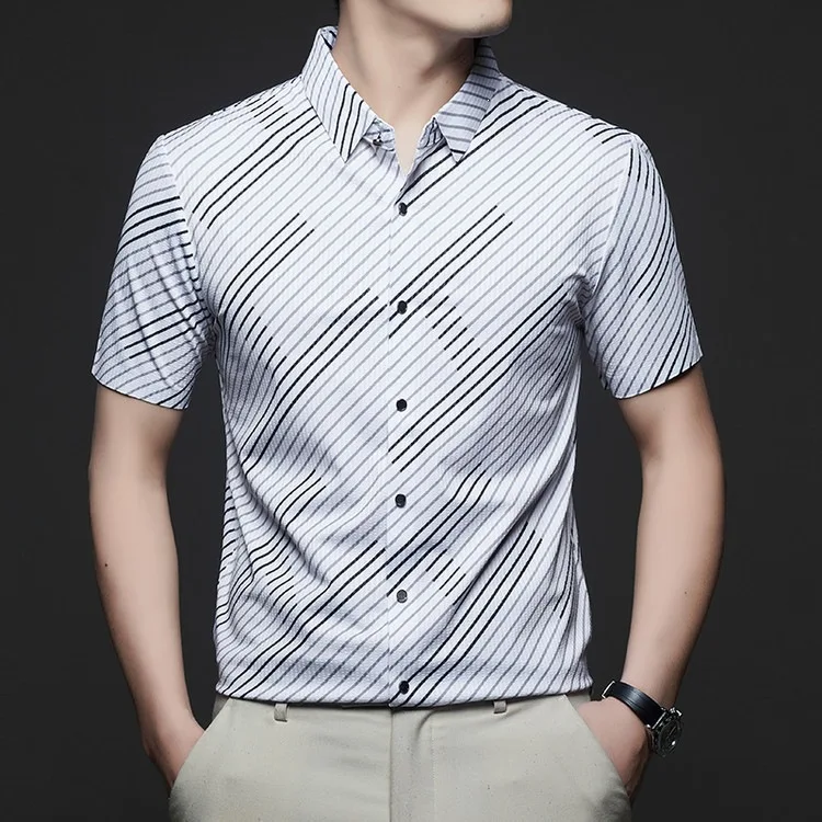 

Mens Business Casual Short Sleeve Shirt Diagonal Stripe Print Turn-Down Collar Single Breasted Breathable Summer Tops Man Blouse