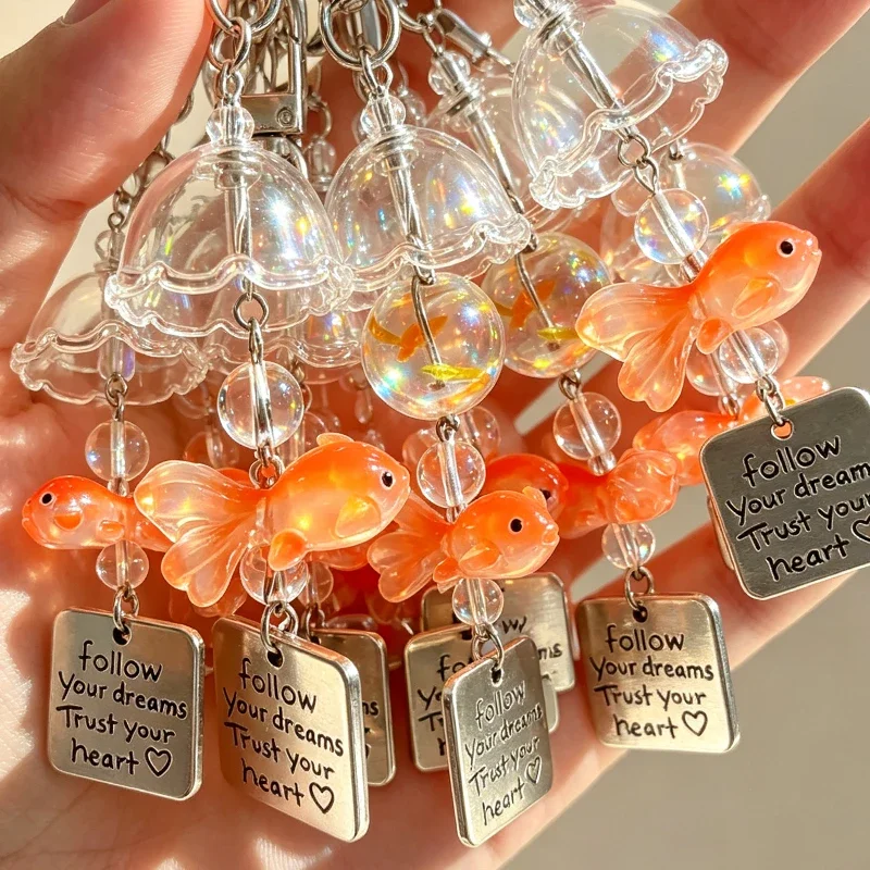 Transparent Glass Keychain Cute Goldfish Wind Chime Pendant Keyring Mobile Phone Lanyard Bag Decorative Chain Kawaii Key Chain