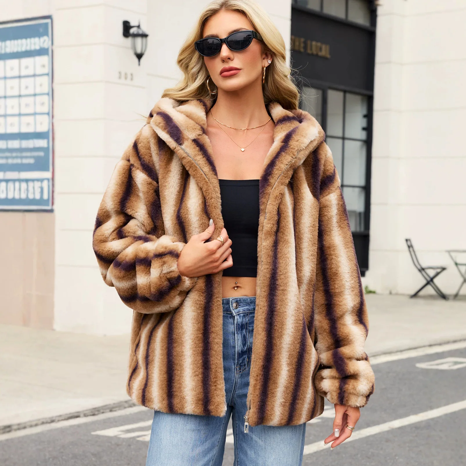 Women Faux Mink Fur Coats Vertical Striped Fur Jackets Zipper Cotton Linen Hooded Long Sleeves Streetwear 2026 Autumn Winter