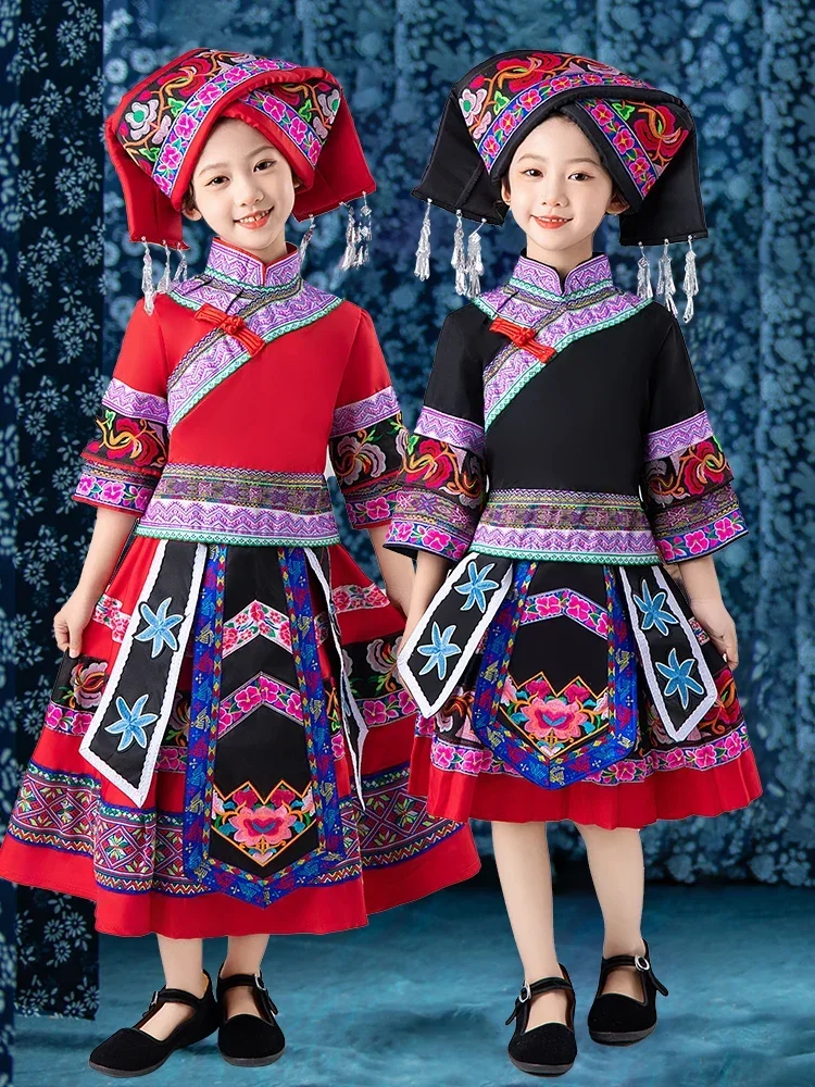 Children's performance of the new Guangxi Zhuang and Miao Tujia dance performance costume three-piece set