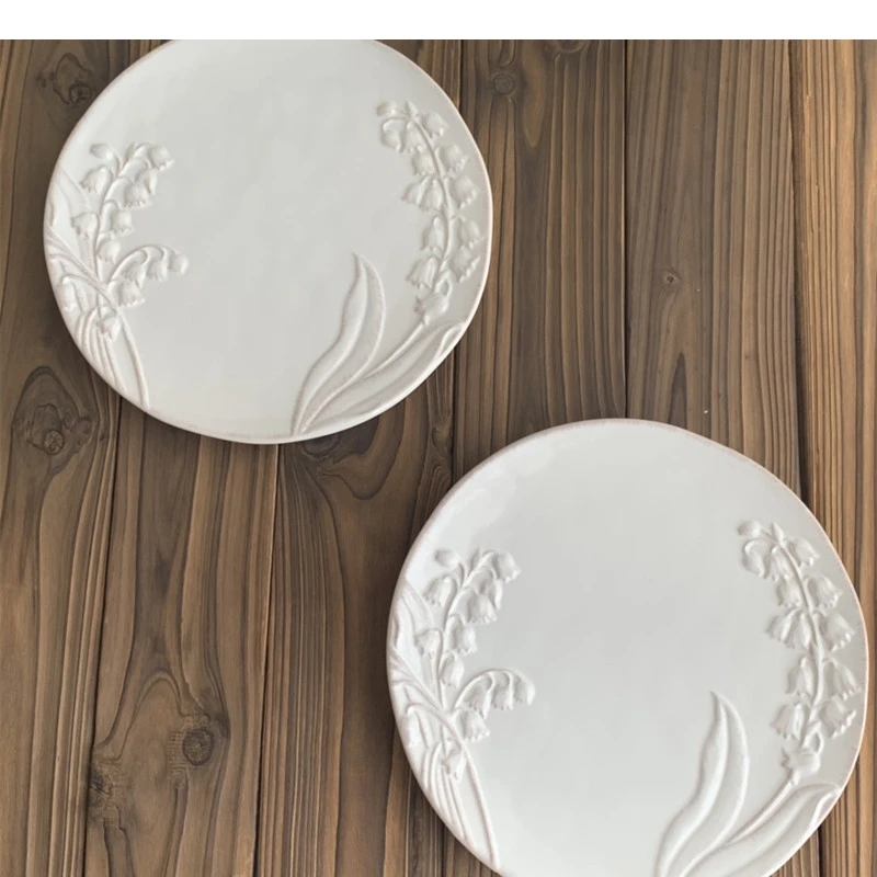 Simple Relief Flower Ceramic Dessert Plate Breakfast Salad Restaurant Specialty Cooking Dishes Kitchen Utensils