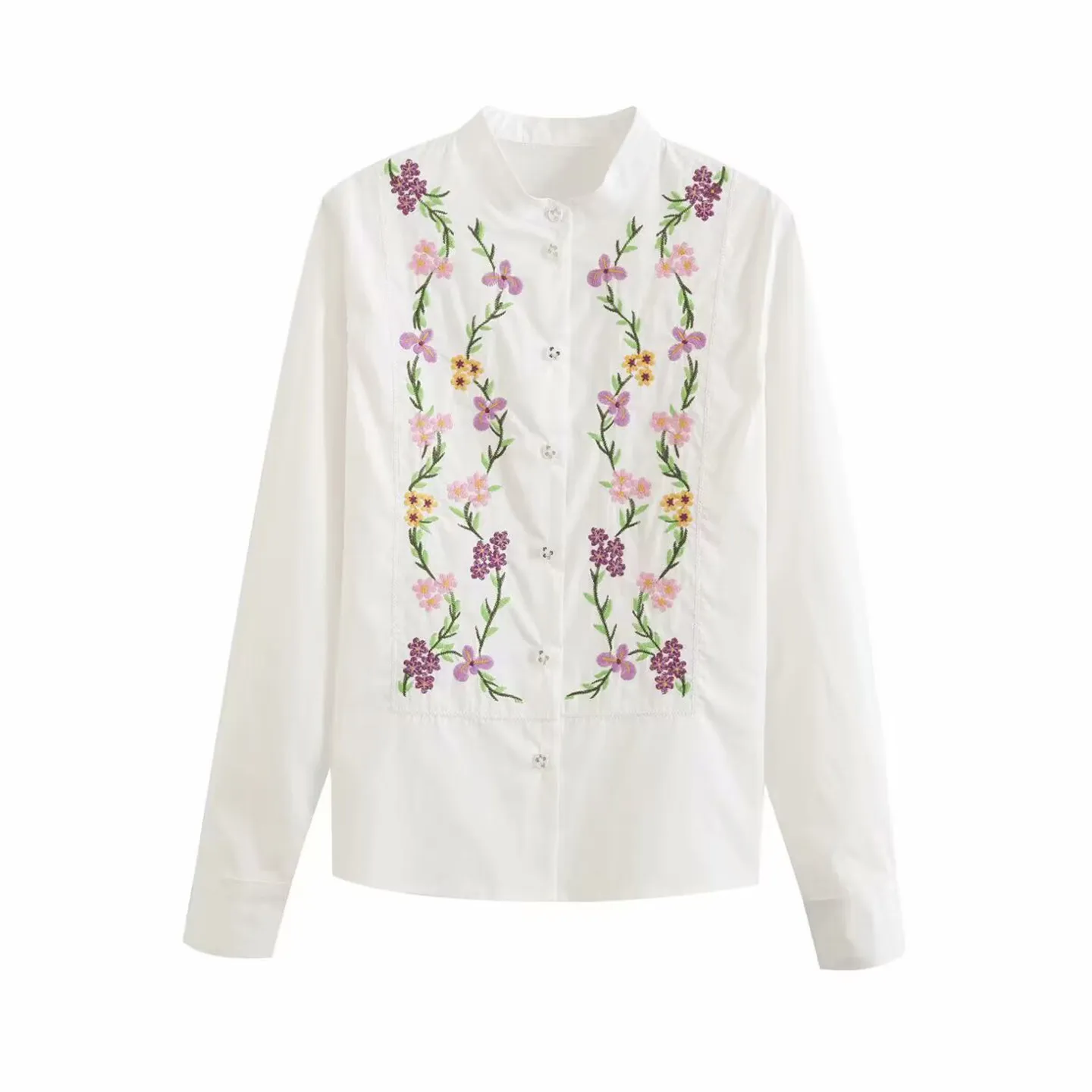 

Spring 2026 Women's Slim Fit Long Sve irt Stand Collar Embroidered Floral Print Versatile Simple Sle Casual Busin Top