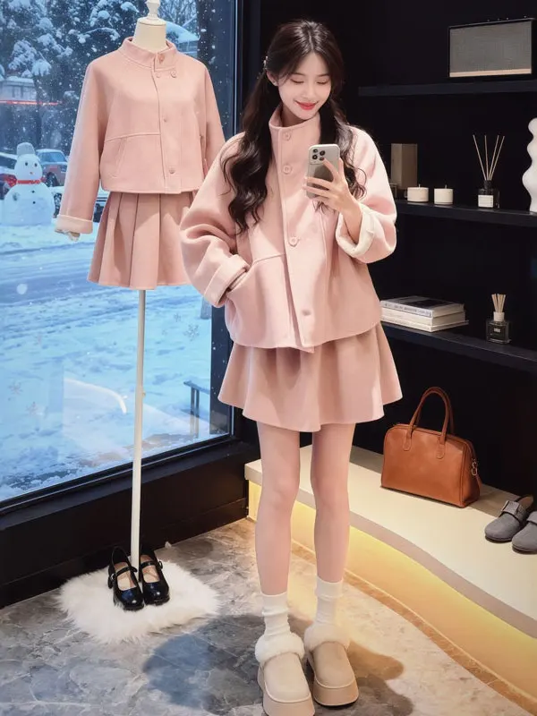 

Зимний модный комплект: милый комплект из юбки и пальто, удобный хлопковый длинный свитер с круглым вырезом и застежкой на пуговицы