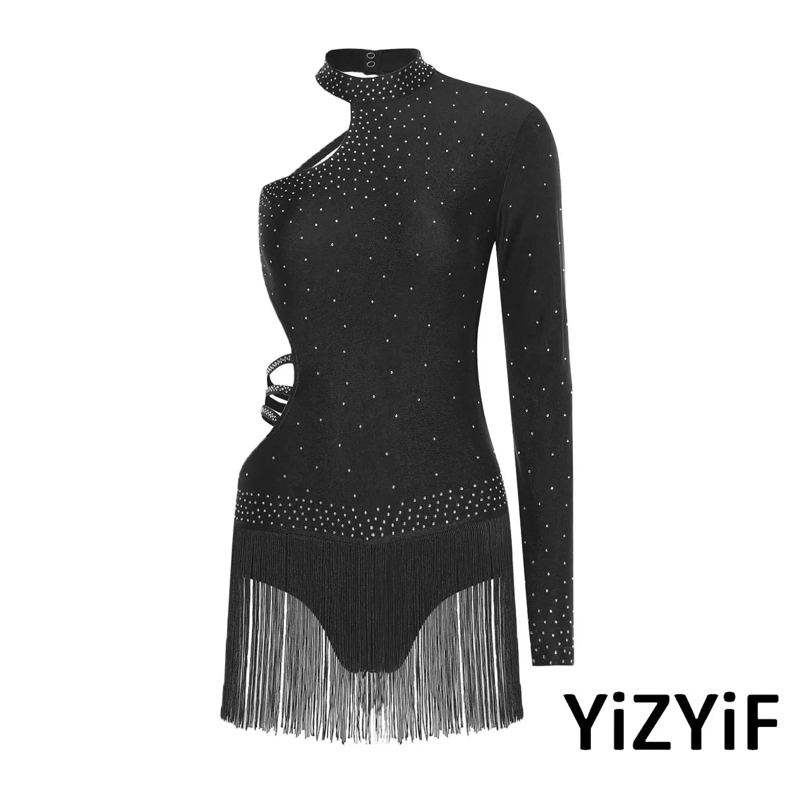 

Women Lyrical Ballet Latin Dance Costume Single Long Sleeve Tassel Waist Salsa Rumba Tango Leotard Figure Ice Skating Dance Wear