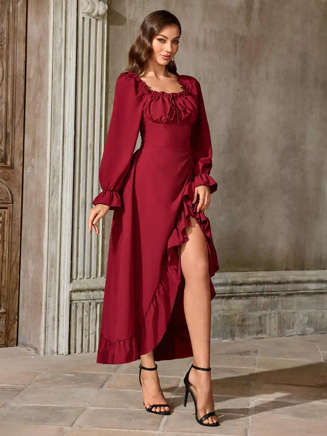 Renaissance Medieval Dress Women Ren Faire Dress, Long Sleeve Ruffle Midi Dress, Square Neck with Smocked Bodice