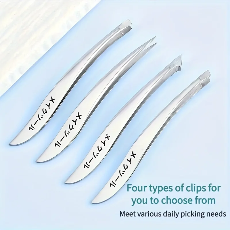 4pcs Stainless Steel Tweezers Set for Sensitive Beige & Eyelid Facial Hair Removal Professional Slant Tip Beauty Tools Gifts