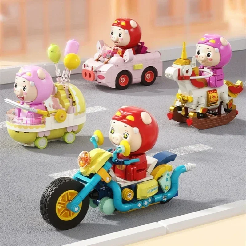 Pig Man Cute Car Building Blocks Ornaments Assembly Toys Convertible Motorcycle Trojan Baby Carriage Model Birthday Gift