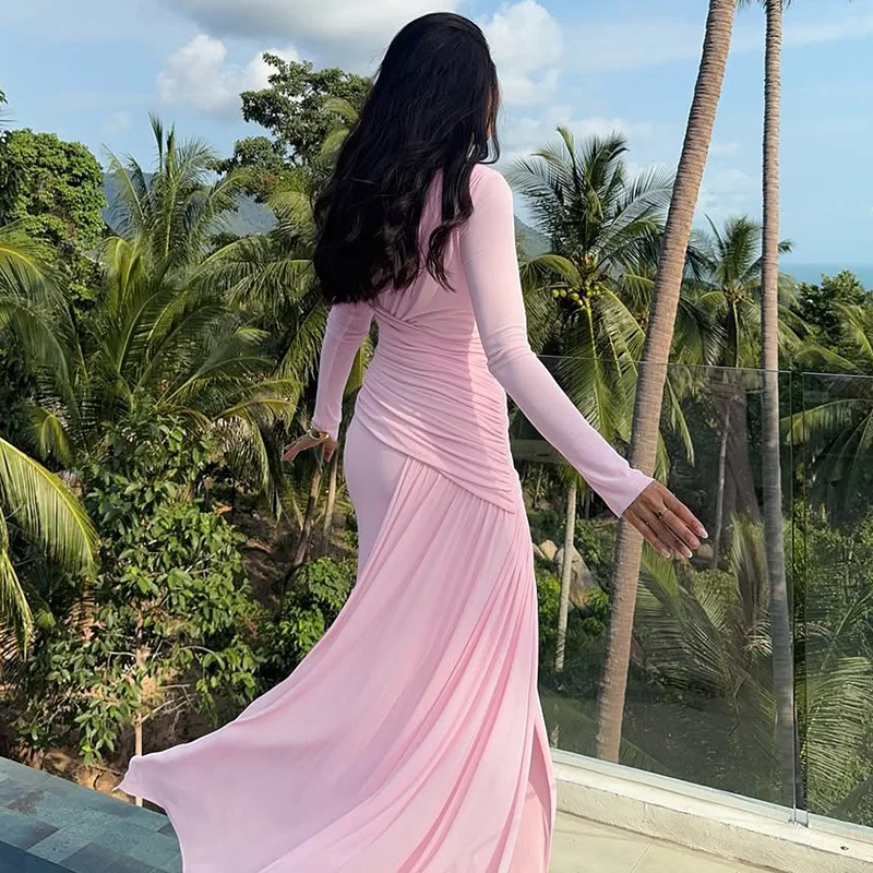 فستان نسائي فاخر مكشكش بأكمام طويلة أنيق برقبة دائرية متعرج مطوي فساتين ماكسي للسيدات سهرة جديدة لخريف وشتاء 2025 أرجواني وردي