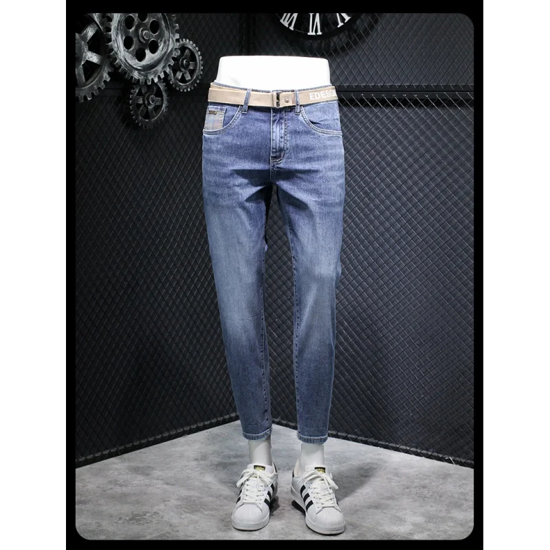 2024 Spring and Summer Blue Jeans Men's Slim Fit Small Sole Printed Casual Soft Stretch All-Matching Cropped Pants