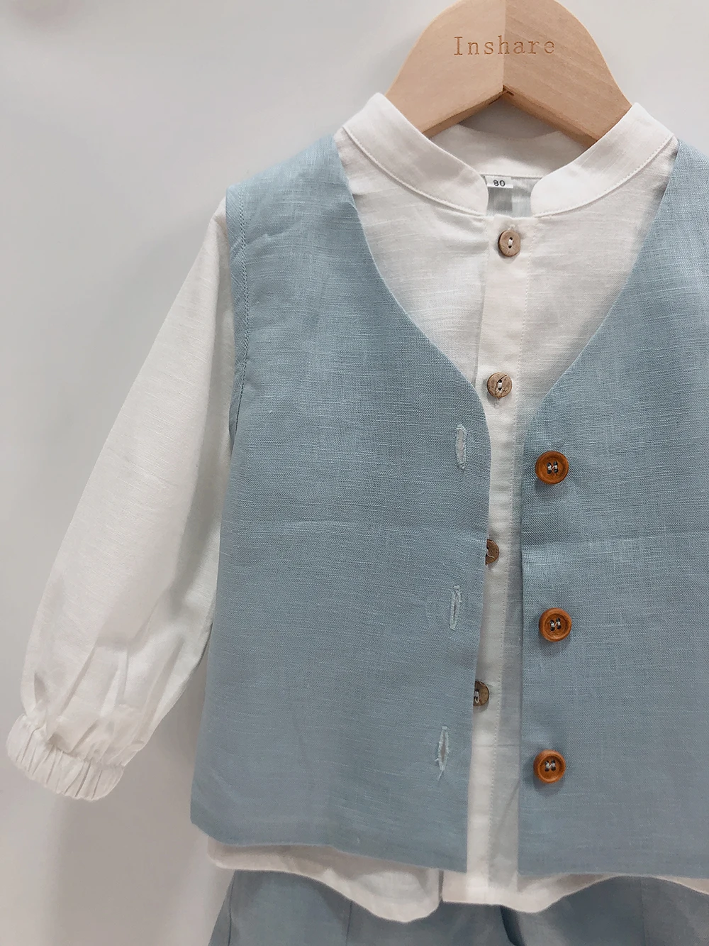 Boys Pure Linen 3Pcs Set Long-Sleeved Shirt Blue Shorts Vest Suit Retro Elegant Birthday Party Clothing Breathable Skin-Friendly