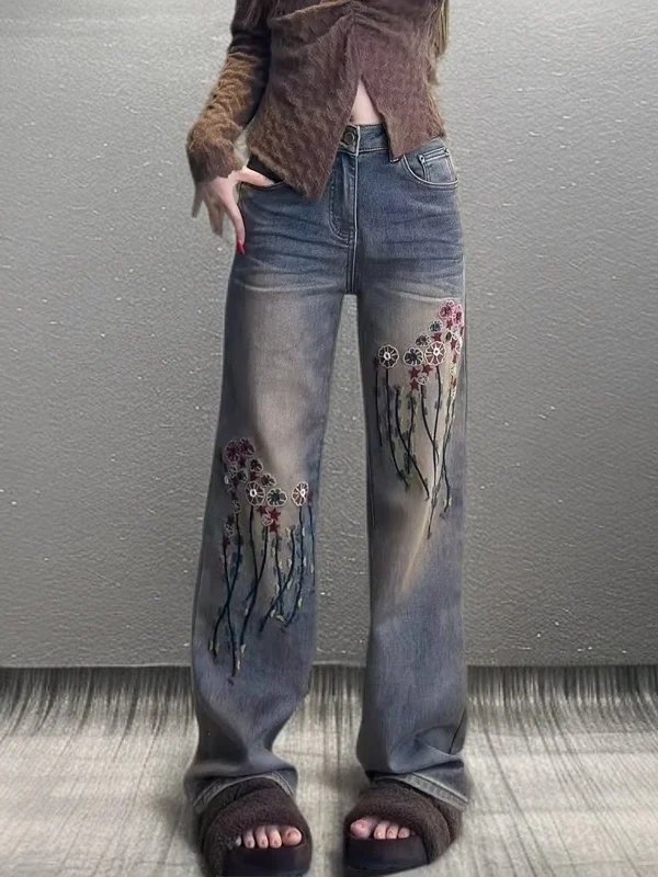 

Faionable Embroidered Wide Leg Jeans High Waist Slimming Floor-Length Straight Cut Women's Casual Plant Floral Patterned