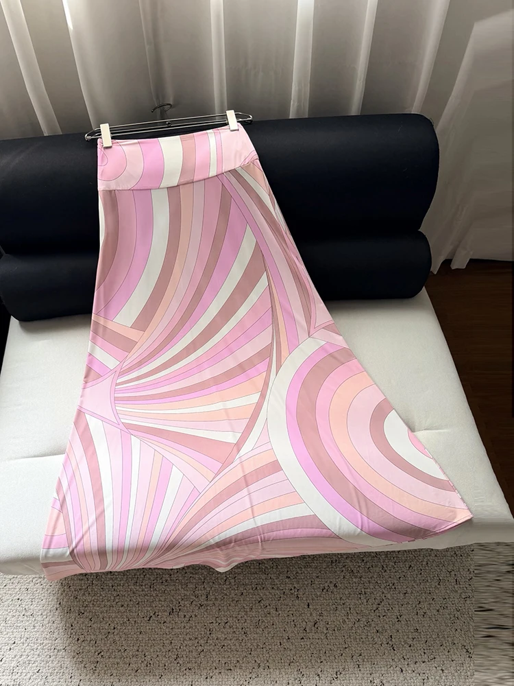 Spring Summer Fashion Outdoors Resort Geometric Print Elegant Long Skirt Women's High Waist Sexy Slim A-Line Big Swing Skirt