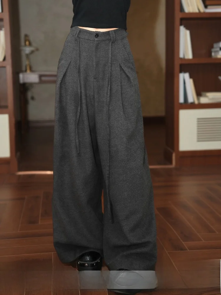 

Женские брюки-костюм в стиле ретро, свободного кроя, с завышенной талией, из войлочной шерсти, с драпировкой, прямые, широкие штанины