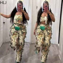 HLJ Vintage Printing Sexy Tassels Straight Pants Two Piece Sets For Women Lace Up Tube And Trousers Outfits Fashion Streetwear