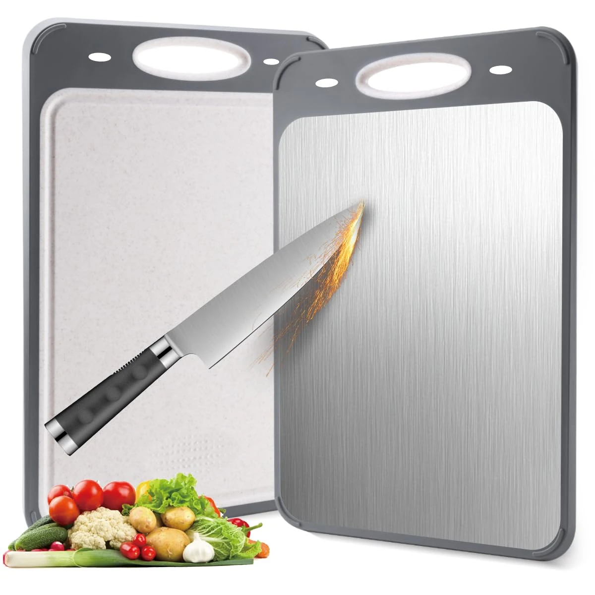 Tábua de Corte de Aço Inoxidável para Cozinha, Tábua de Corte Dupla Face com Borda Antiderrapante, Ferramenta de Cozinha para Carnes e Vegetais