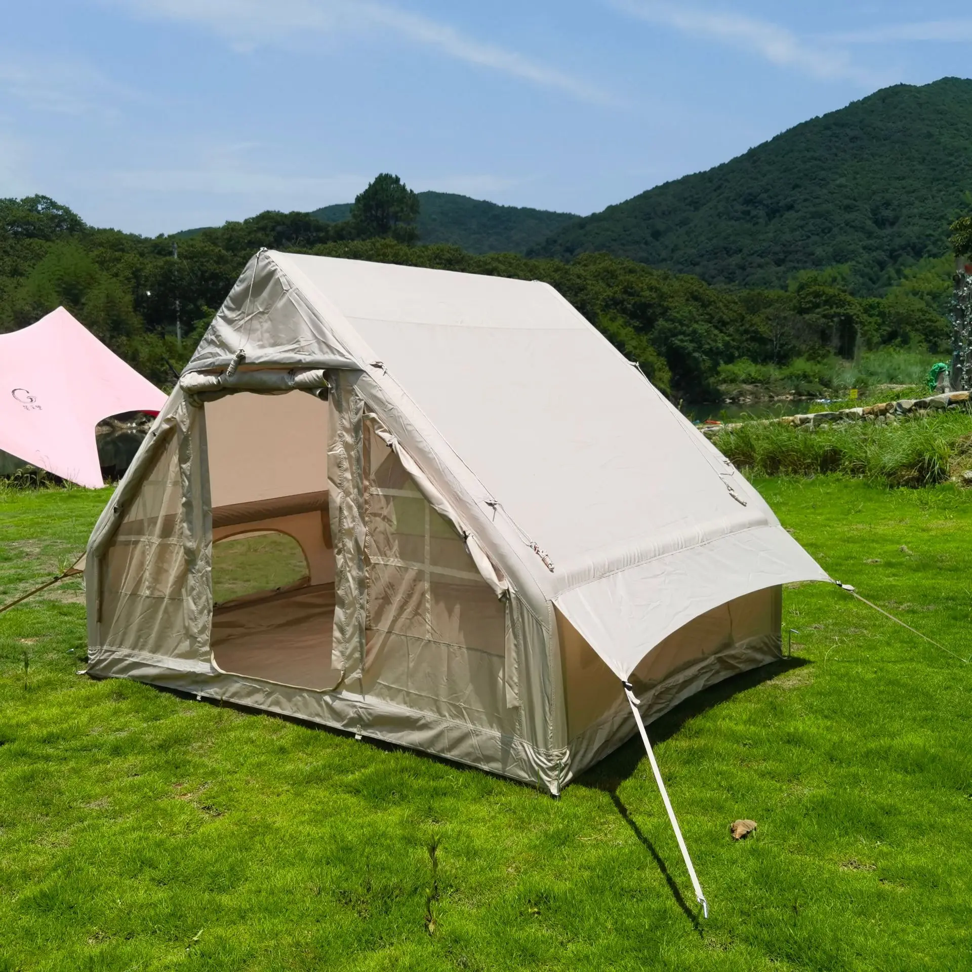 

Inflatable Camping Air Tent With Hand Pump Easy Setup Waterproof Windproof 4 Seasons Oxford Cabin Tent With Mesh Chimney Window