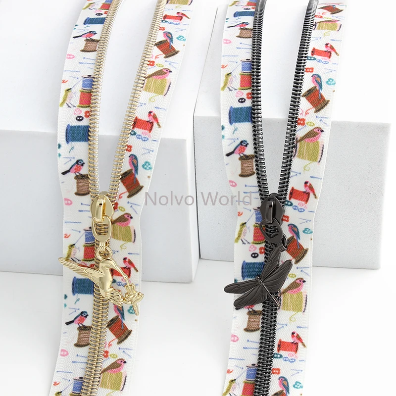 5/20/100Yards 5# Nylon Sewing Coils+Bird Zippers Tape With Pattern For Coat Shoes Clothes Bags Puller Slider Tailor Accessories