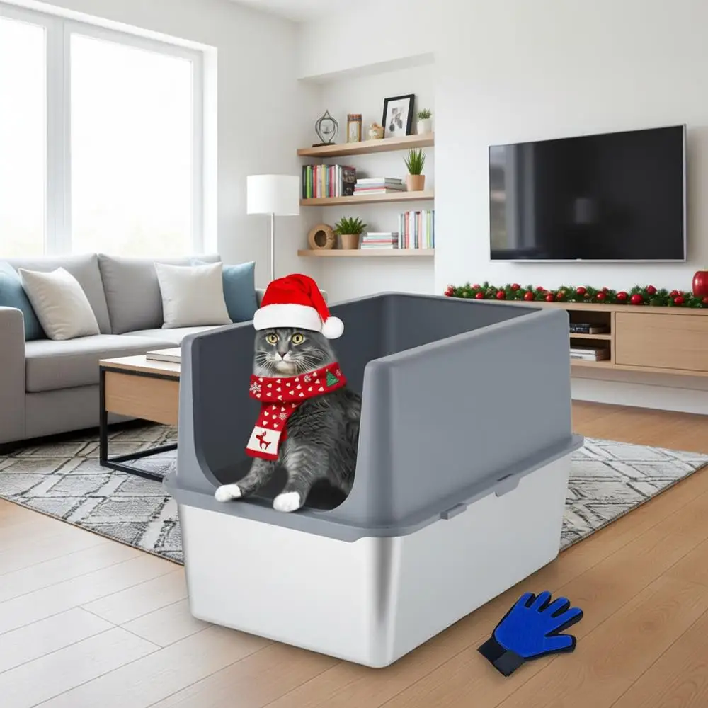 

Лоток для кошек из нержавеющей стали с крышкой, большой металлический лоток для кошек для использования в помещении, контейнер для крупных кошек, нелипкий, защита от протекания, 2 шт.