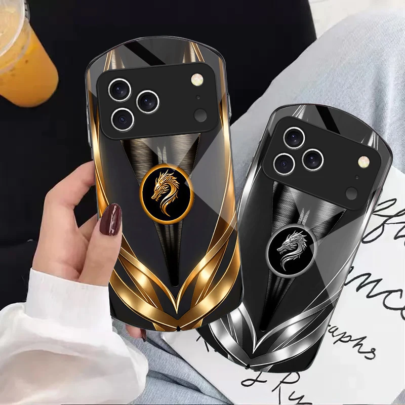 

Golden dragon pattern gray For iPhone 17 16 15 14 Pro 13 Plus 12 mini 11 Pro Max XR X S 7 8 Elliptical Tempered Glass Phone Case