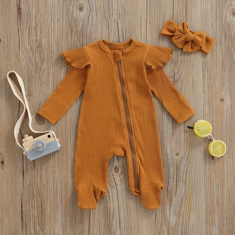 Baby Rompers Boys Girls Knitted Long Sleeve Ruffles Zipper O-neck Jumpsuits Headband Spring Autumn Outfits Newborn Clothes