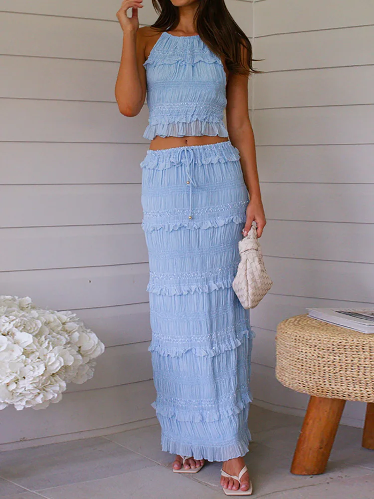 أطقم ملابس صيفية للسيدات بدون ظهر، تنانير طويلة قصيرة غير رسمية 2025، بدلات نسائية للعطلات مرقعة صلبة ملابس خروج