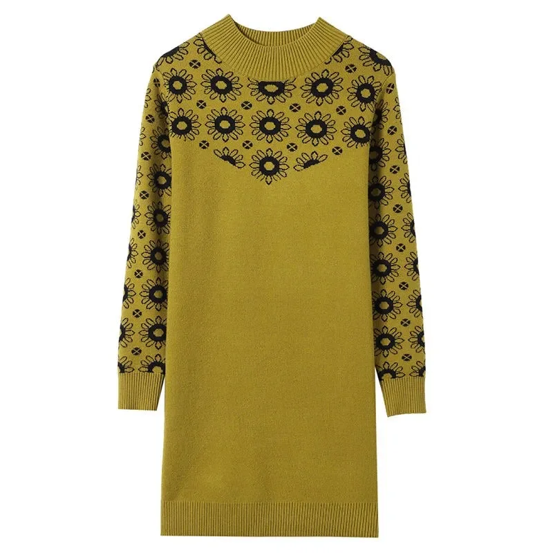 Women Jumper Wool Knitted Loose Sweater Winter Long Sleeve Print Half High Collar Thick Soft Comfort Knitwear Jumper Female Tops