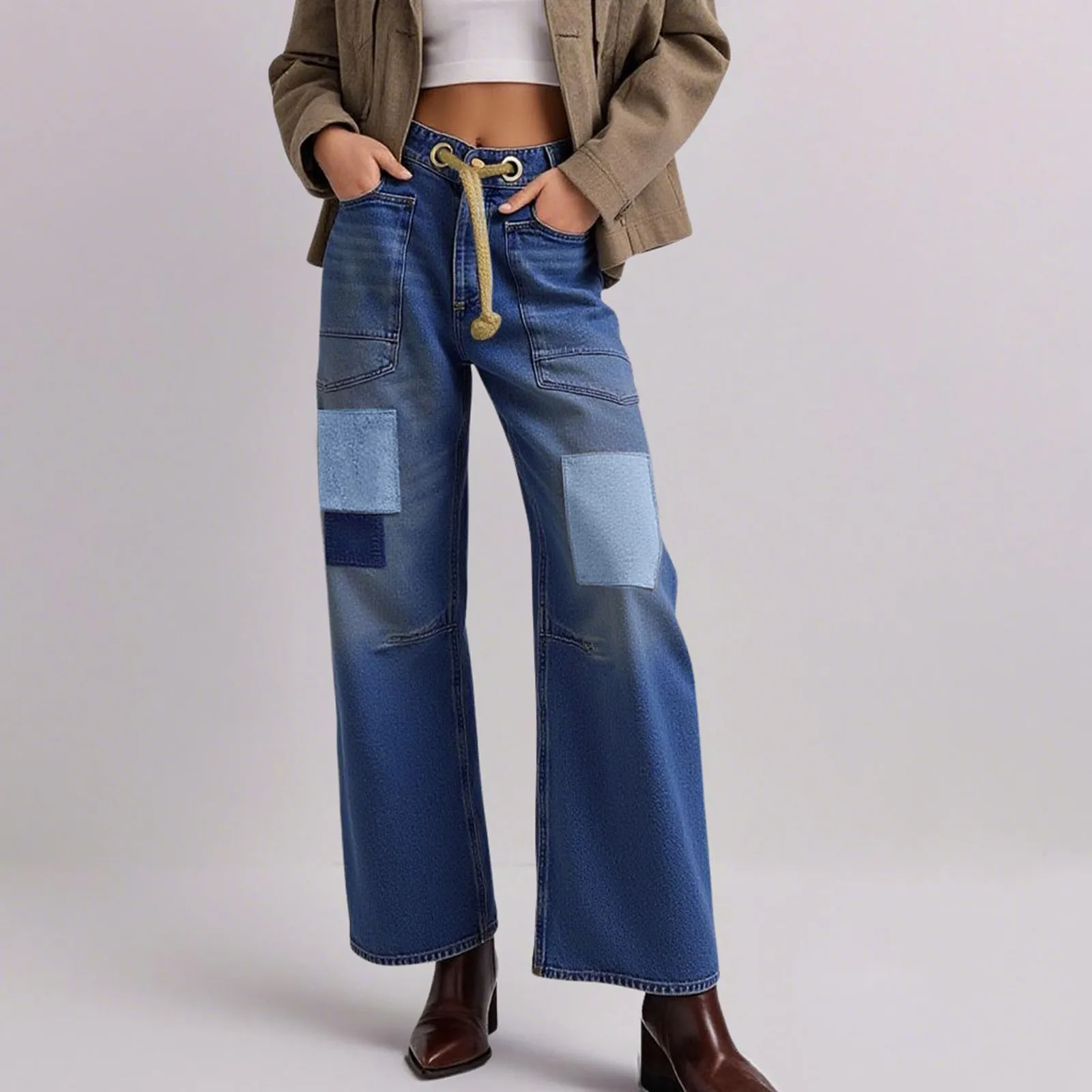 

Retro Women Patch Wide Leg Jeans Vintage Patchwork High Waist Denim Pants Y2k Blue Baggy Jeans