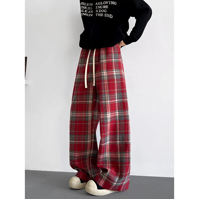 Black Casual Pants Men Retro Plaid Pants Men Streetwear Hip-hop Loose Wide Leg Pants Mens Vintage Trousers Large Size 5XL