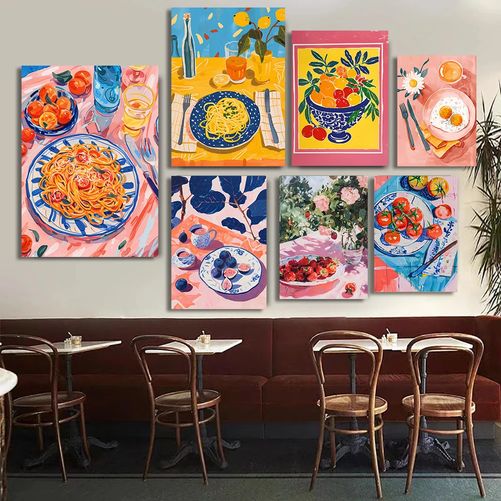 Colorful Pizza Pasta Strawberry Pancakes Coffee and Croissant Seafood Canvas Painting Wall Poster Print Kitchen Home Decor