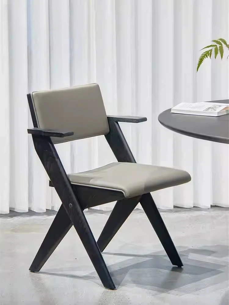 Chair cowhide simple armrest solid wood dining chair