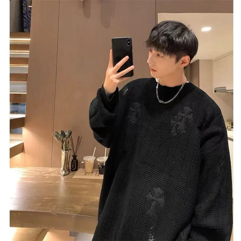 American Hiphop Heavyweight Large Size Loose Cross Embroidered Sweater Men'S Trendy Brand Handsome SAmerican Hiphop Heavywweater