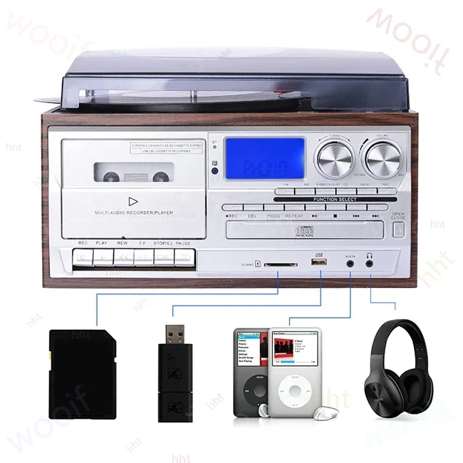 High-end Customize Multifunctional turntable bluetooth mp3 player mp4 media fm radio vinyl record player with Cassette CD