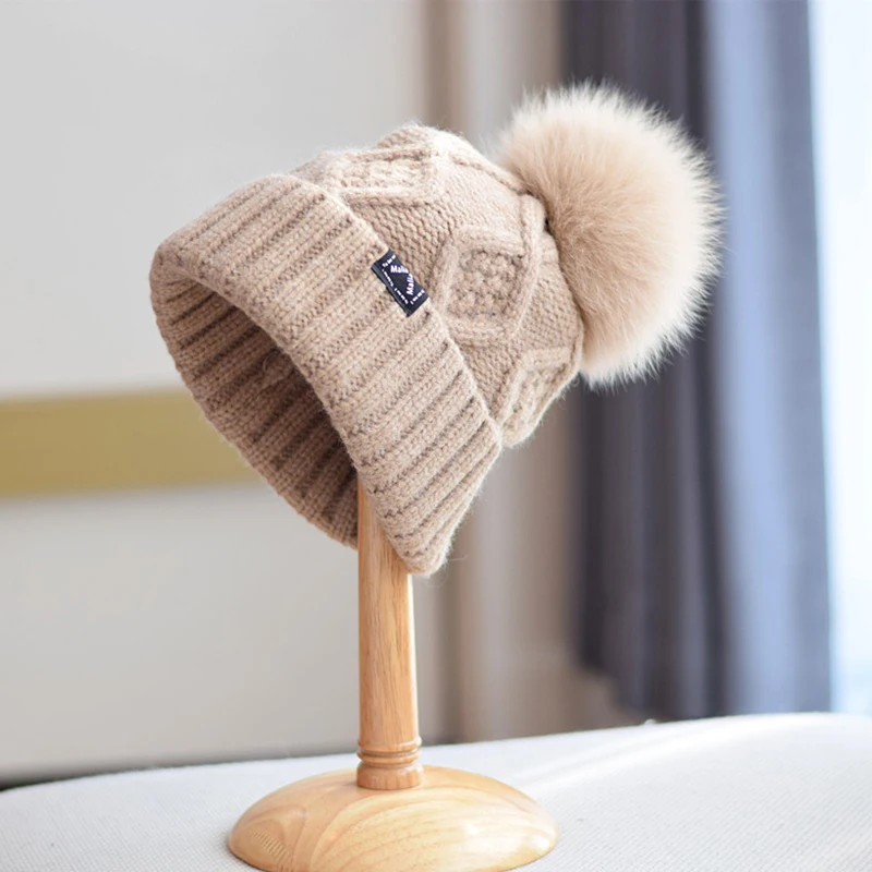 

Hat Pompom Real Fur Winter Women Wool Knit Beanie Autumn Warm Skiing Accessory For Sports Outdoors