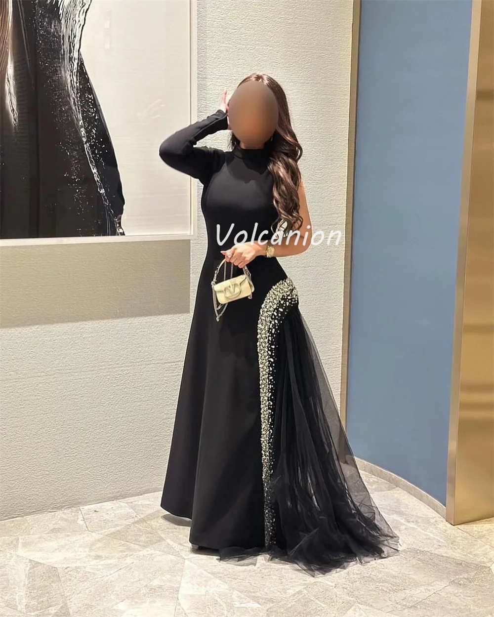 Sukienki na zamówienie, eleganckie, formalne, dżersejowe, z dżetami, plisowane, w kształcie litery A, z wysokim kołnierzem, długie, szyte na miarę, na specjalne okazje, wysokiej jakości, klasyczne.