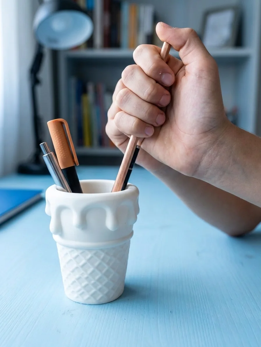 Eistüten-förmiger Stifthalter Niedlicher Weißer 3D-Gedruckter Schreibtisch-Organizer Kreativer Stiftbecher für Schüler