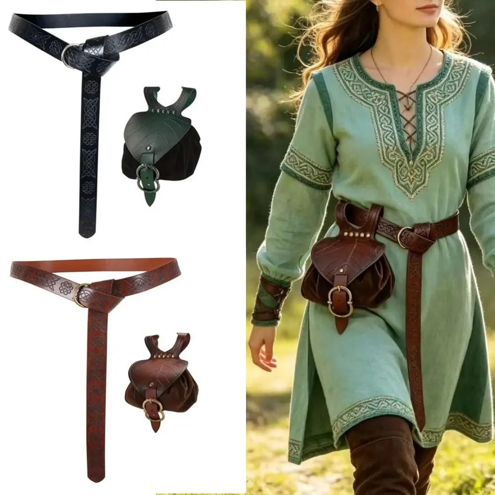 with Drawstring Pouch Medieval Belt Pouch Faux Leather Embossed Waist Bag Belts Renaissance Viking Waist Pack Set