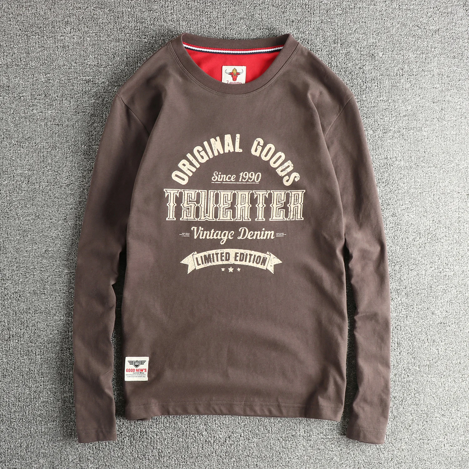 Autumn new retro letter long-sleeved T-shirt for men's furry cotton khaki trendy base shirt