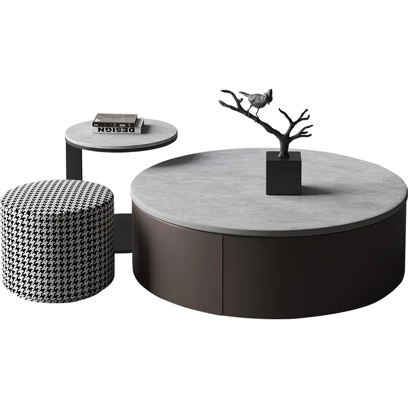 

Italian rock slab coffee table TV cabinet combination Nordic round modern simple storage tea table rock slab material can be