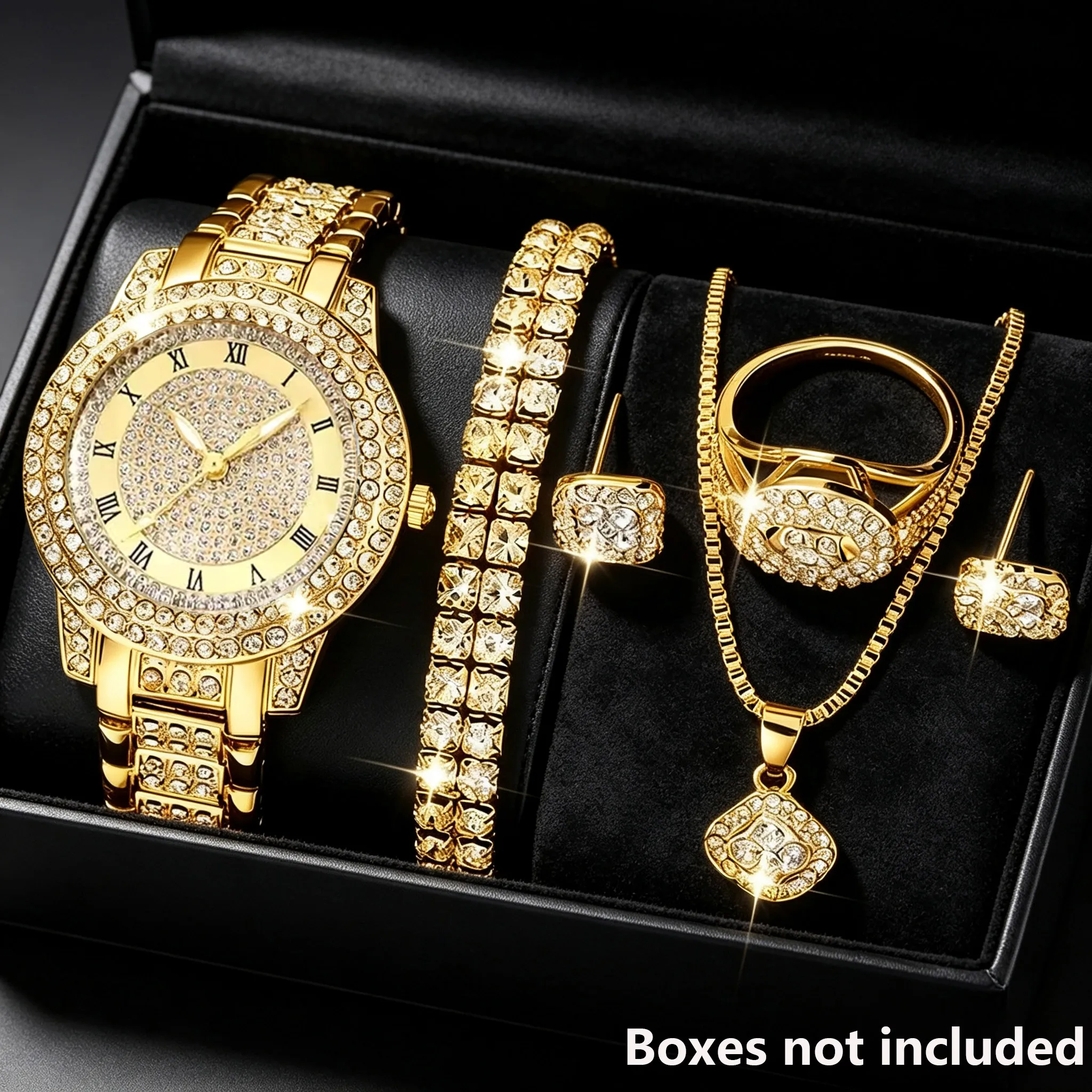 6Pcs Women's Simple and Elegant Classic Roman Numeral Dial Quartz Watch + Necklace, Earrings, Bracelet, and Ring Jewelry Set - Suitable for Daily and Formal Occasions - Birthday Gift, Anniversary Gift, Graduation Gift - Luxurious Design