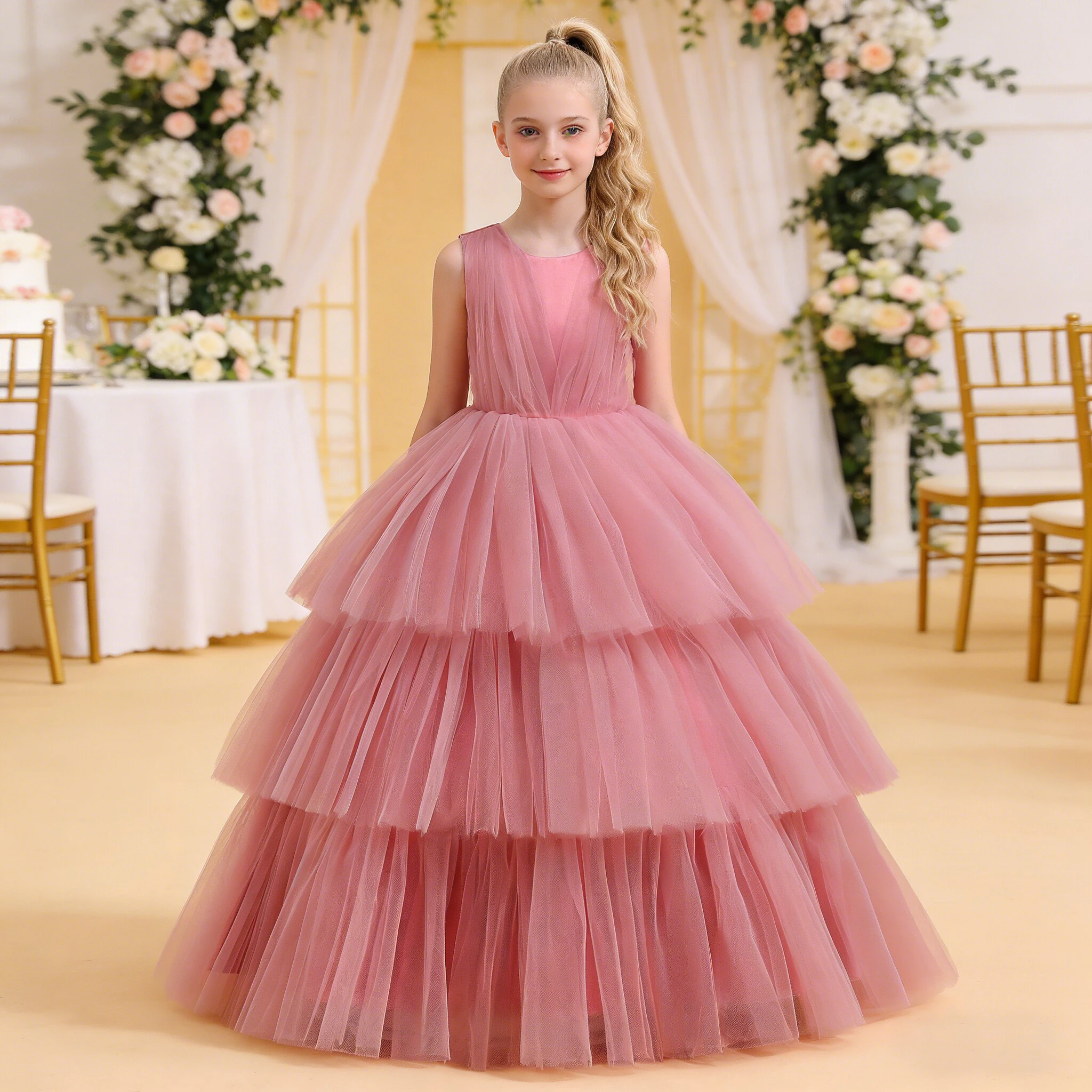 

Girls Bridesmaid Party Dress Christmas Costumes Elegant Princess Dresses for Girl Bow First Communion Prom Gown Customized