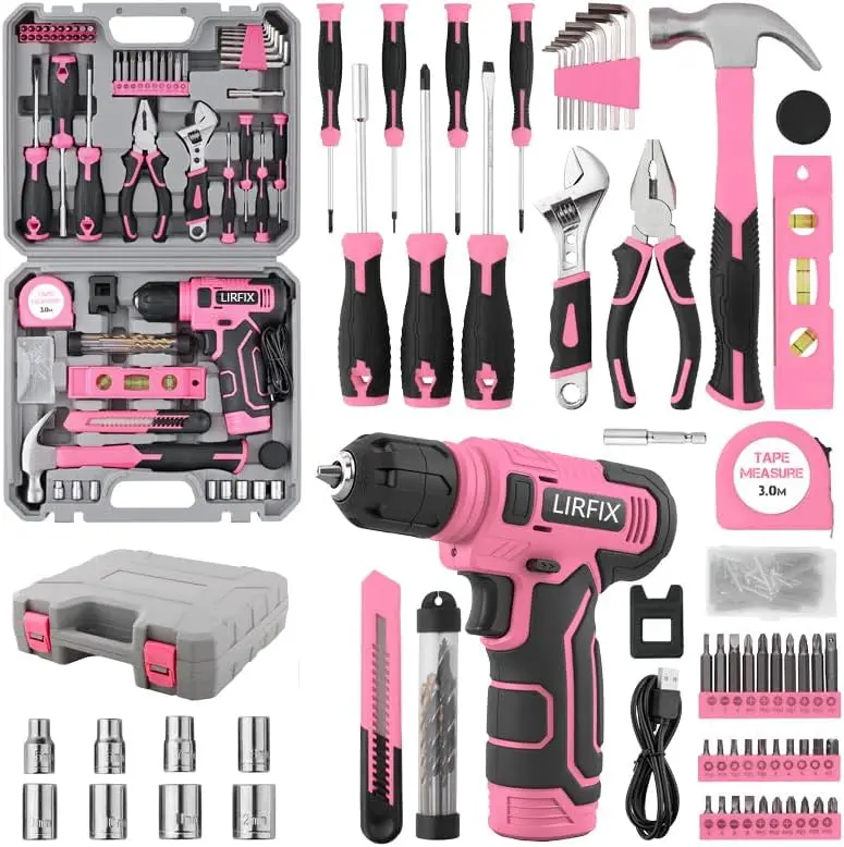 

33-Piece Pink Electric & Manual Tool Set for lady - USB Rechargeable Handheld Screwdriver, Claw Hammer, Drill Bits, Essential