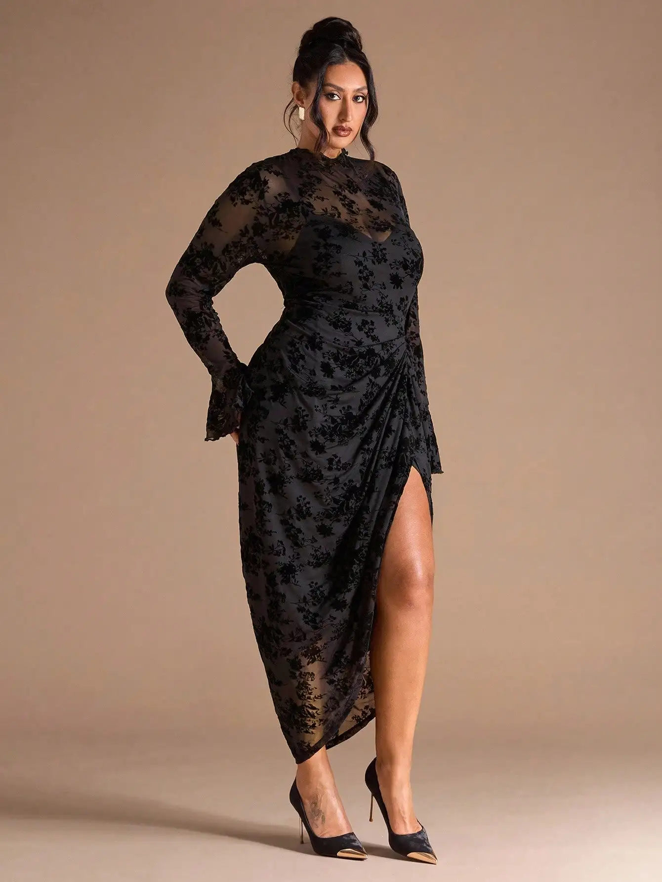 Plus Size Damen Frühherbst Flocked Flared Sleeve Stehkragen Split Plissee Kleid/Hochzeitsgast Kleid Damen,Hochzeit